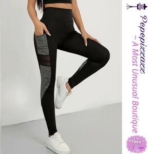 NEW BLACK LEGGING WORKOUT PANTS W POCKET & SHEER PANEL RUNNING YOGA ATHLIESURE